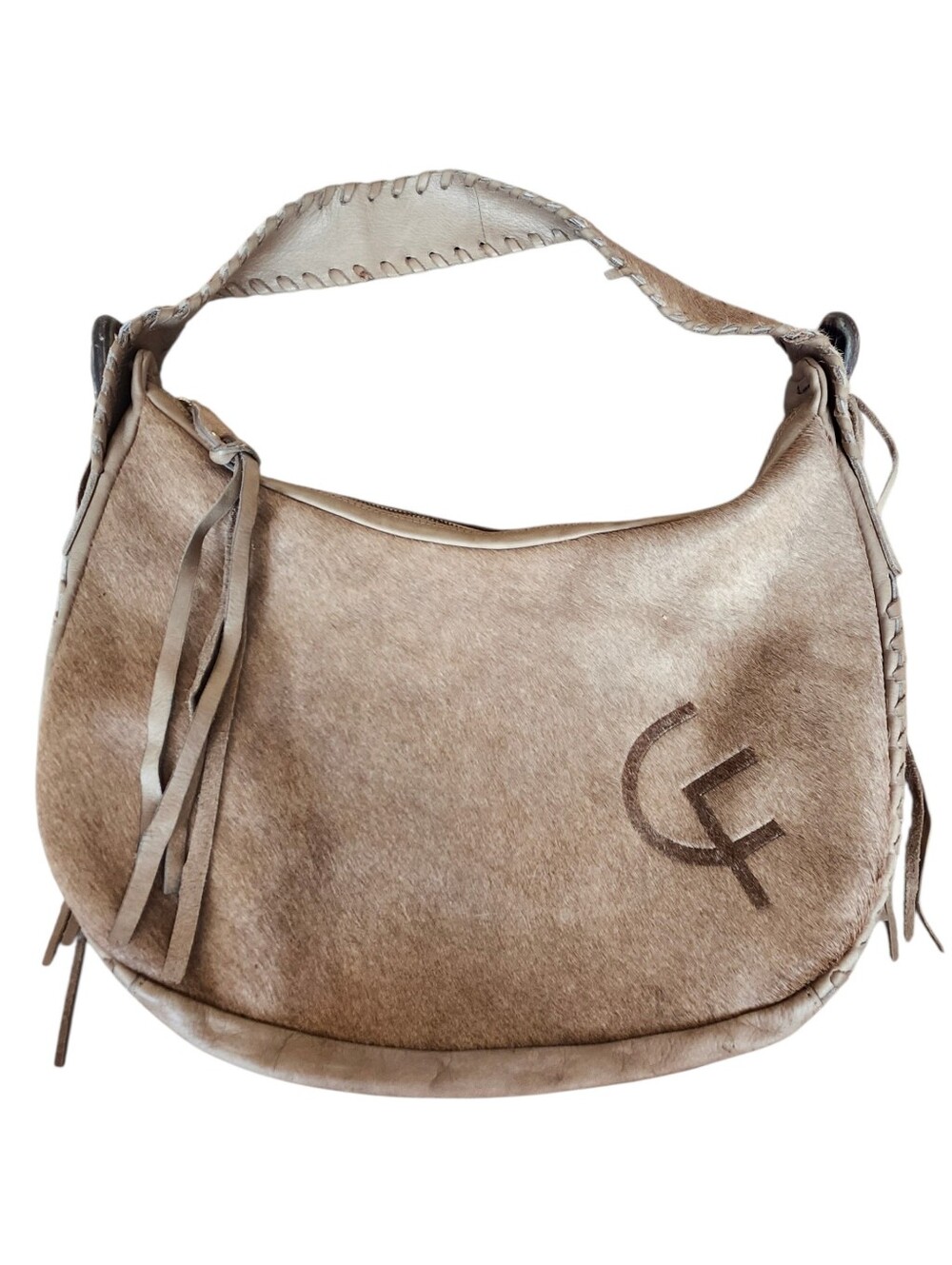 Claudia Firenze Vintage Leather Calf Hair Hobo Bag Tan Brown Western Boho